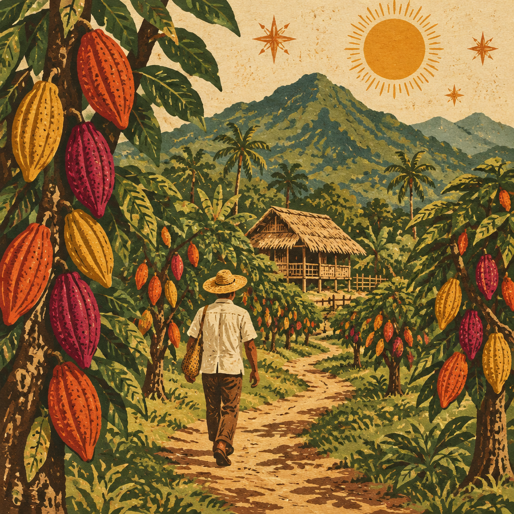 A visitor walks a path through the cacao grove toward a nipa hut