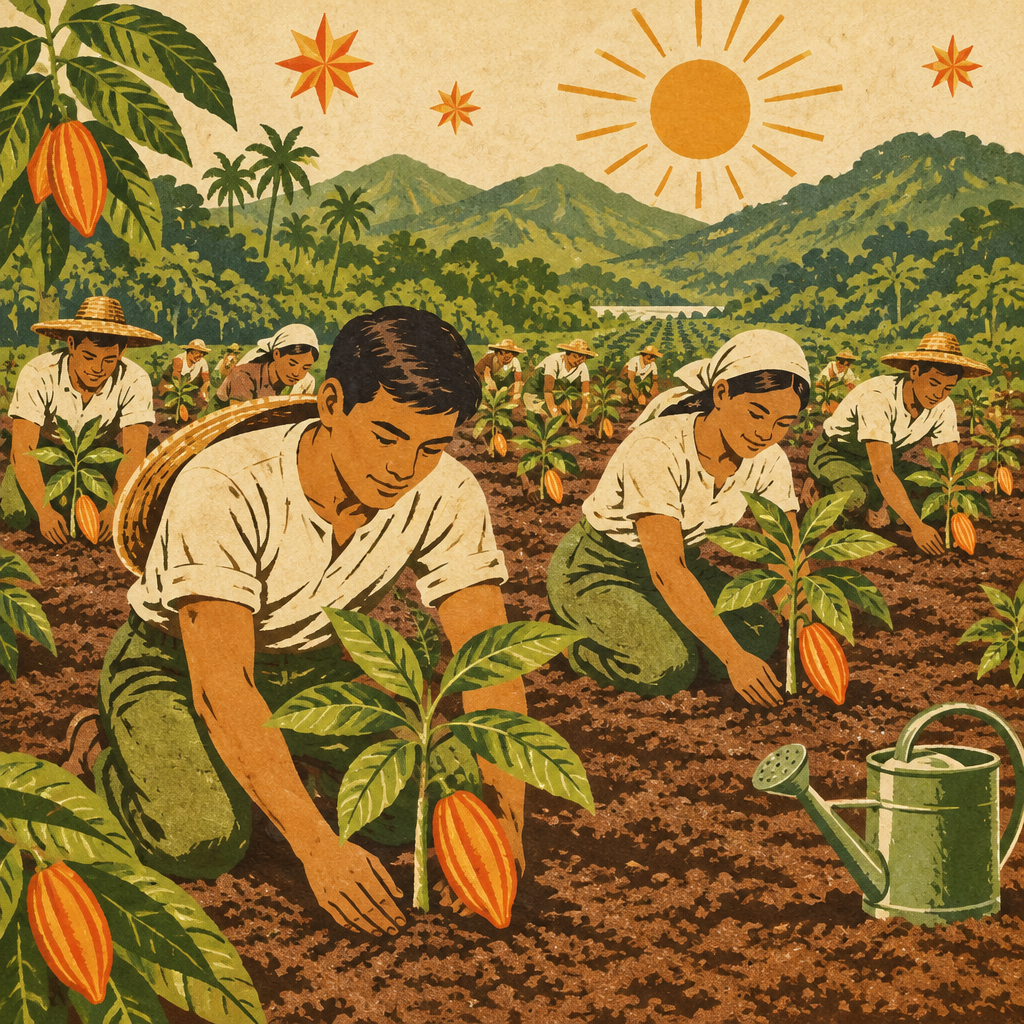 Volunteers plant young cacao seedlings in neat rows