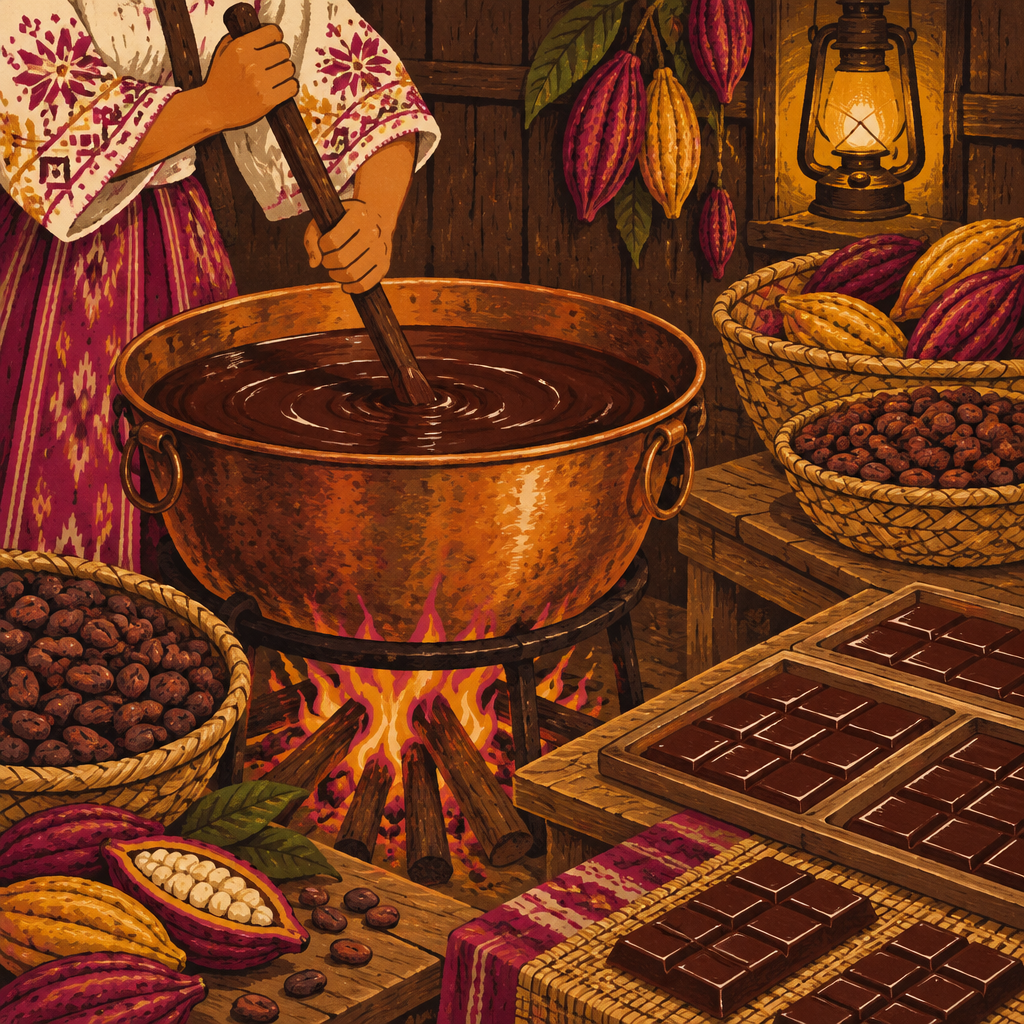 Hands stir melted chocolate in a copper cauldron beside trays of finished bars