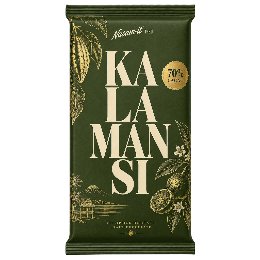 Nasam-it Kalamansi 70% cacao bar in olive green wrapper